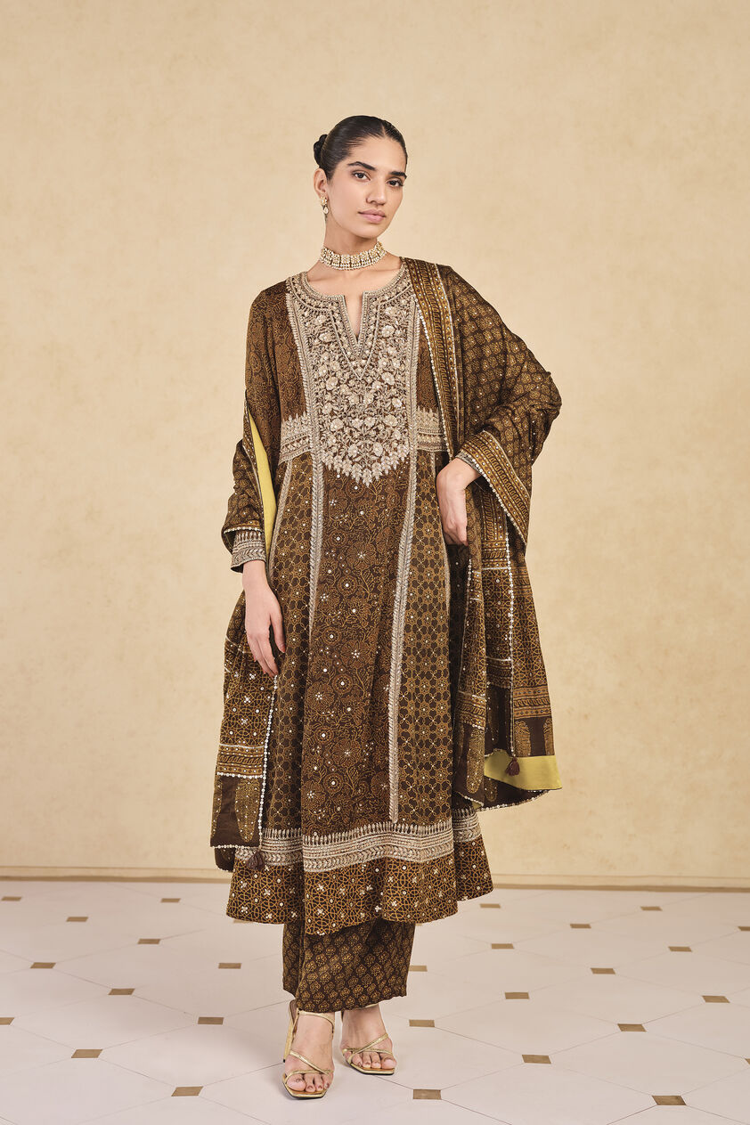 Marfa Ajrakh Hand-block Printed Silk Suit Set - Olive, Olive, image 1